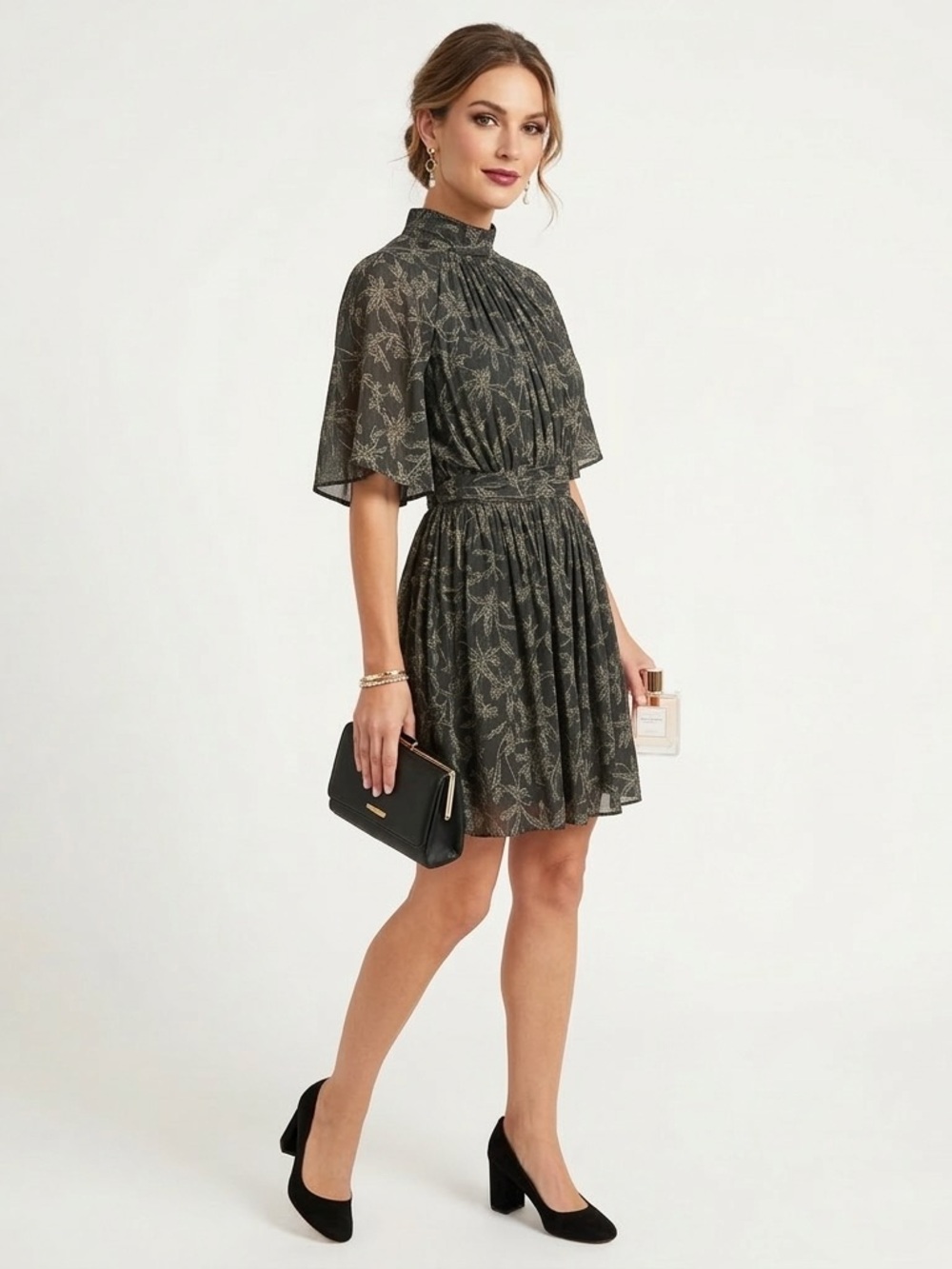 Printed High-Neck Short Sleeve Dress in Olive